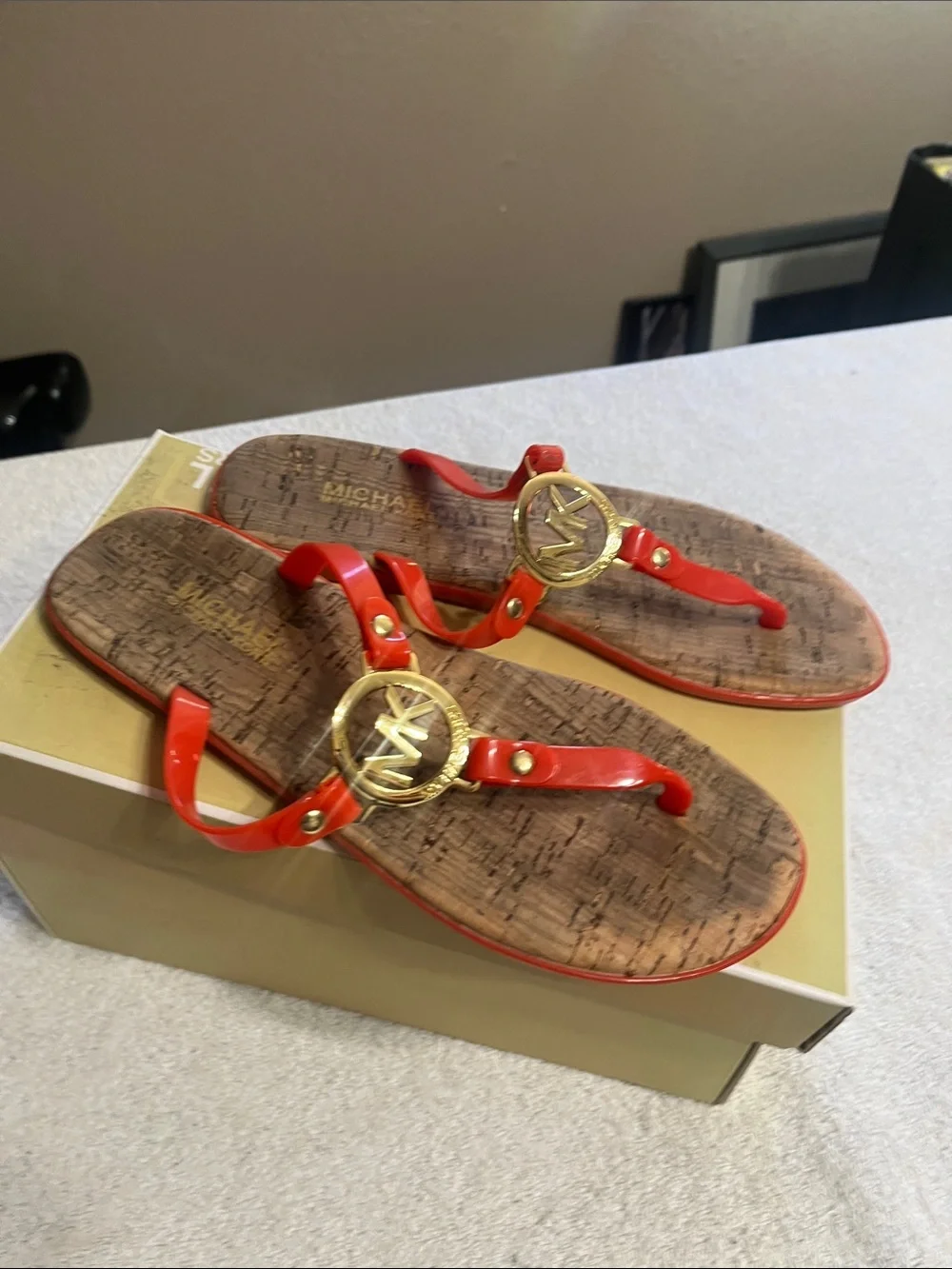 Michael Kors Orange Patent MK Medallion Cork-Print Thongs
